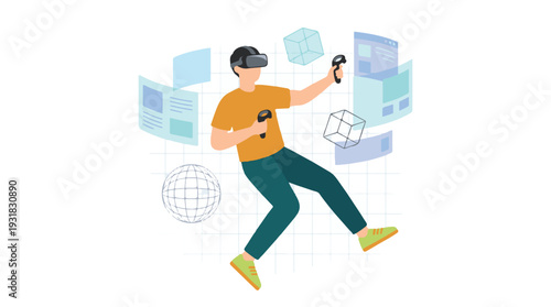 Man in VR headset interacting with virtual reality elements and digital interface