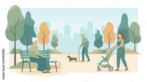 Multi-Generational People Enjoying Leisure Activities in a City Park