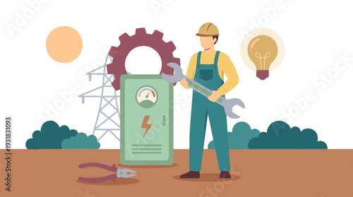 Electrician maintenance concept with tools and power infrastructure
