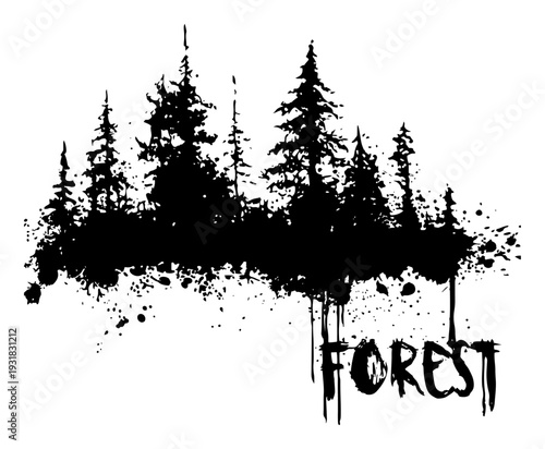 Black silhouette of a pine forest with dripping ink and forest text
