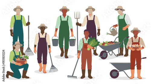 Diverse Group of Farmers and Gardeners Working with Tools and Harvest