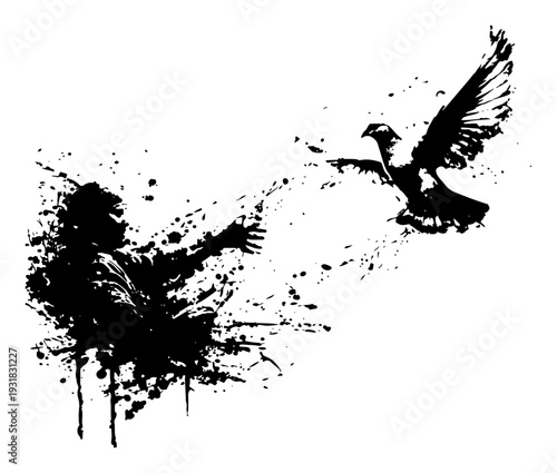 Artistic silhouette of a person releasing a flying bird with black ink splatters