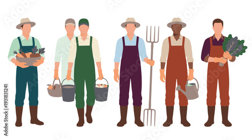Diverse group of farmers harvesting fresh produce and working in agriculture