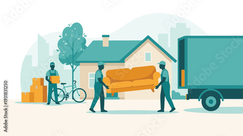 Professional moving service with movers carrying sofa and boxes into truck
