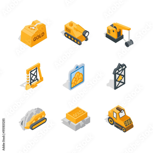 Isometric Gold Mining and Construction Equipment Icons Set.