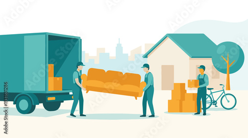 Professional movers loading furniture and boxes onto a truck for home relocation