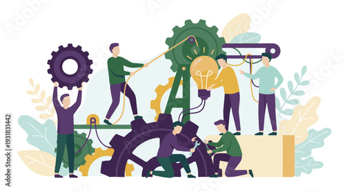 Business teamwork and innovation concept with people building a mechanism