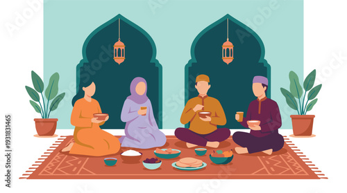 Muslim family and friends sharing Iftar meal during Ramadan celebration