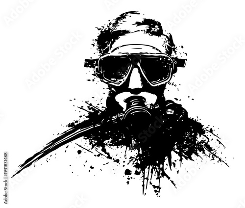 Scuba diver in full gear with diving mask and respirator in artistic black ink splatter style