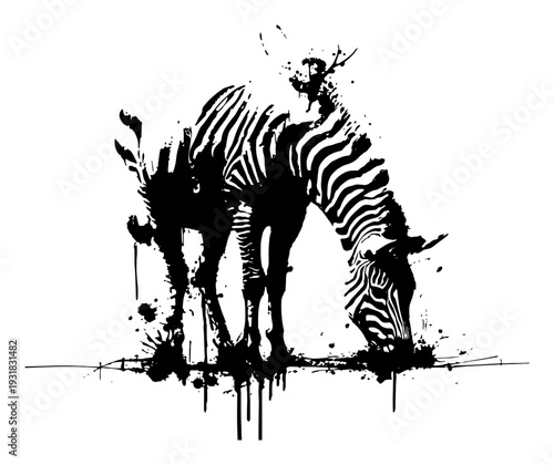 Artistic black and white zebra silhouette with creative ink blotches and paint drips