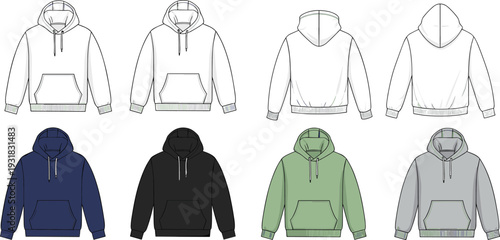 Blank hoodie set, front and back views, realistic sweatshirt mockup template collection, casual apparel vector illustration isolated on light background