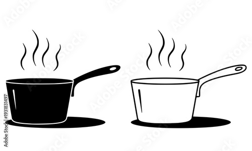 Cooking pot saucepan with steam smoke set in black silhouette and outline style on white background, perfect for kitchen and food restaurant menu icon and culinary design template