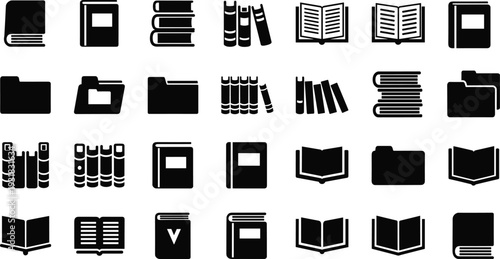 Books and folders icon set silhouette vector collection, library education literature symbols isolated on white background, black book clipart bundle