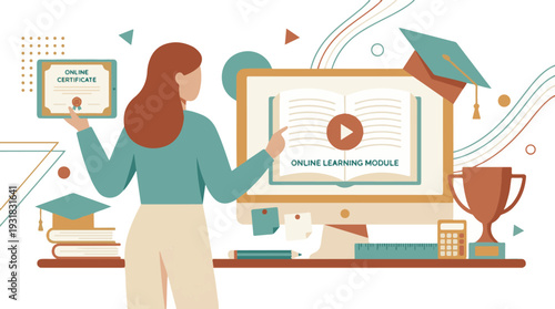 Online education concept with student earning digital certificate and studying