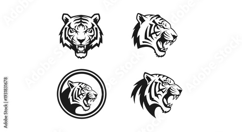 Minimal tiger logo silhouette set featuring powerful branding variations including geometric tiger head, modern stripe design
