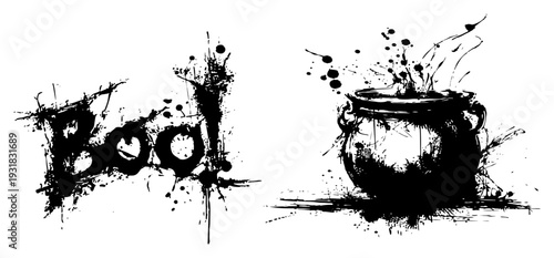 Halloween composition featuring Boo typography and a witch cauldron in black ink splatter style
