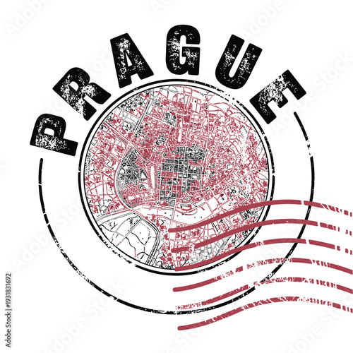 Circular graphic featuring the city map and name of prague