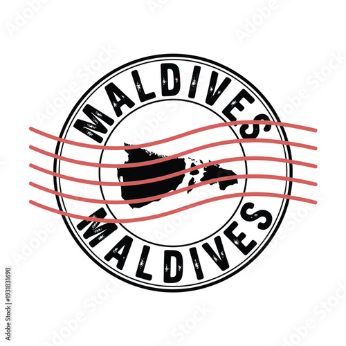 Maldives stamp illustration featuring the nation s silhouette and red lines