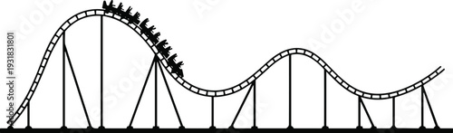 Black silhouette of a roller coaster track with a train full of people on a white background flat vector design (20 words)
