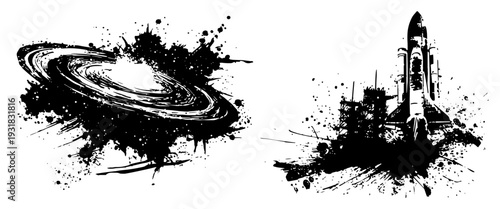 Black hole and space shuttle launch in grunge ink splatter vector style