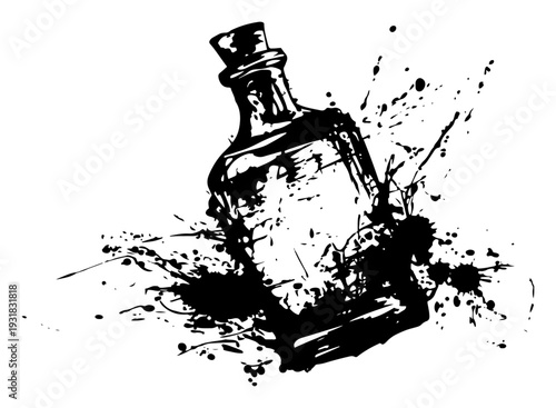 Vintage glass potion bottle with cork in artistic ink splash style