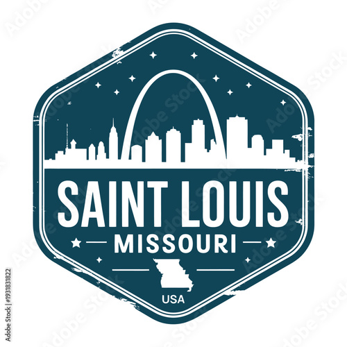 Vintage style emblem depicting the st louis skyline and gateway arch