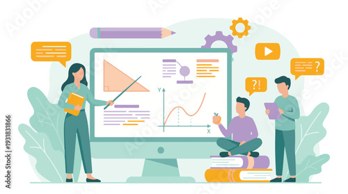 Online Education Concept with Teacher, Students, and Math Graphics