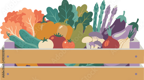 Fresh organic vegetables and mushrooms in a rustic wooden crate