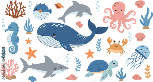 Vibrant Sea Creature Collection Featuring Cute Whale Octopus Sea Turtle and Marine Flora Illustrations