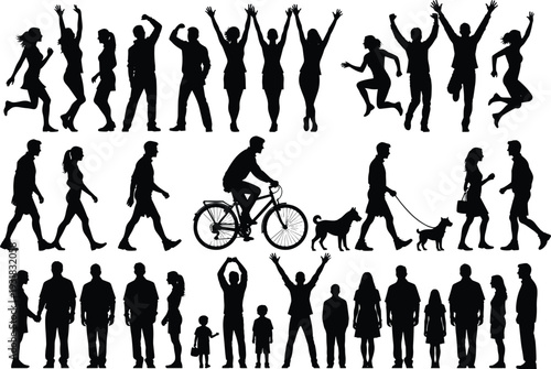 People silhouettes in diverse activities, walking cycling dancing celebrating, social interaction icons, human movement design elements, lifestyle community illustration, flat vector