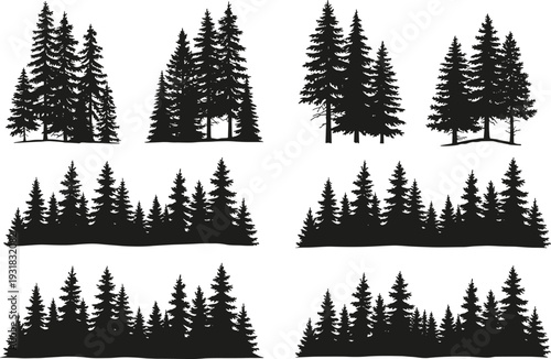 Pine tree cluster silhouettes, conifer forest icons, evergreen woodland nature illustration, outdoor landscape design elements, dense foliage scenery graphics, natural environment, flat vector
