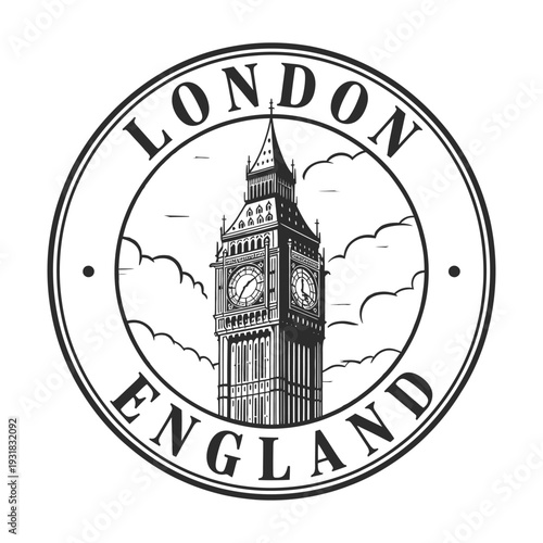 Vintage style emblem featuring the iconic big ben and london text