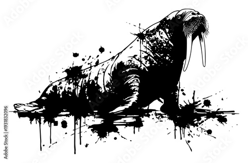 Arctic walrus with long tusks in artistic ink splatter vector style
