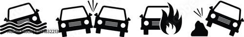 Set of car accident icons featuring vehicle crash, car fire, flooding, and roadside collision isolated on white background flat vector (20 words)