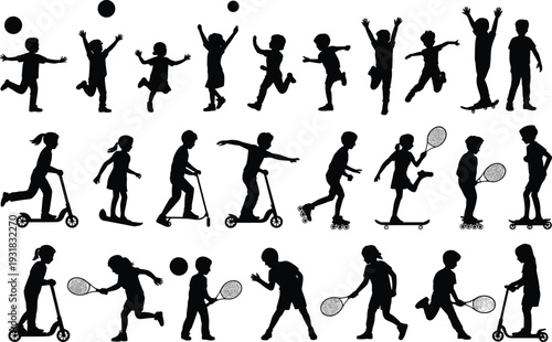 Set of children silhouettes playing sports featuring kids on scooters, skateboards, rollerblades, playing tennis, and jumping isolated on white background flat vector (20 words)