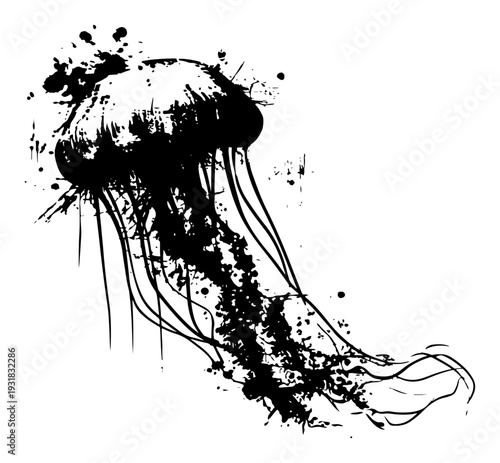 Stylized black ink silhouette of a jellyfish swimming with artistic splatters and tentacles