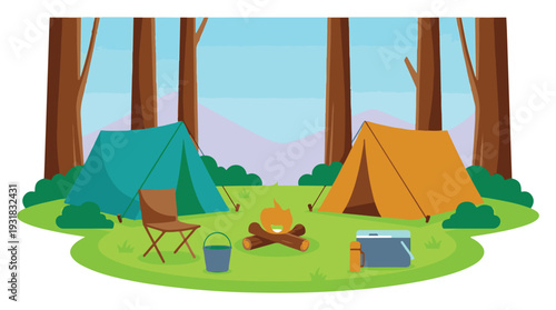 Campsite illustration with tents, campfire, cooler, and gear in a forest