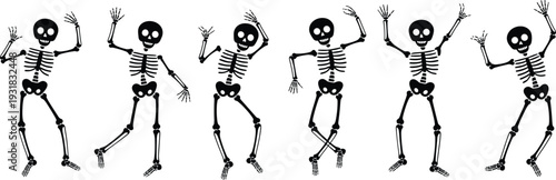 Set of dancing skeleton silhouettes featuring six funny human bones in various expressive poses isolated on white background flat vector (20 words)