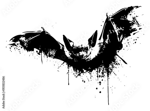 Flying bat with spread wings in creative black ink splatter silhouette style