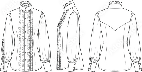 Victorian Ruffle Blouse Front Side and Back View Mockup Template, High Neck Button Down Detail, Isolated Fashion Vector Illustration