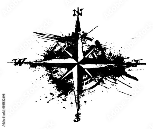 Tableau sur toile Vintage compass rose wind rose icon in decorative black ink splatter style