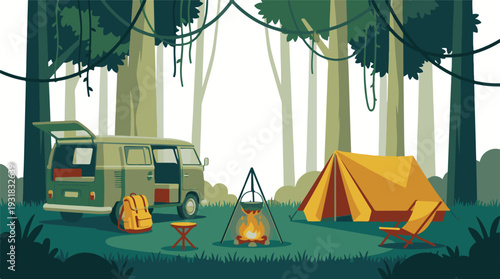 Outdoor camping in forest with retro camper van, tent, and campfire.