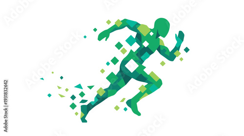Abstract geometric runner silhouette in motion, composed of green shapes