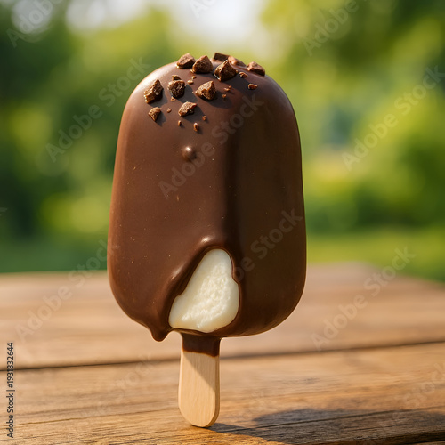 Chocolate Coated Ice Cream Bar on Wooden Table