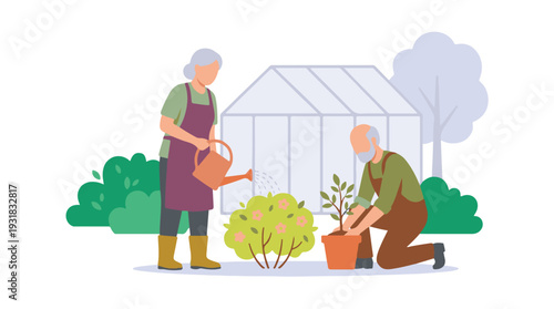 Happy senior couple gardening, watering a bush and planting a sapling