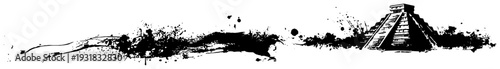 Ancient Mayan pyramid temple in dramatic grunge ink splash vector style