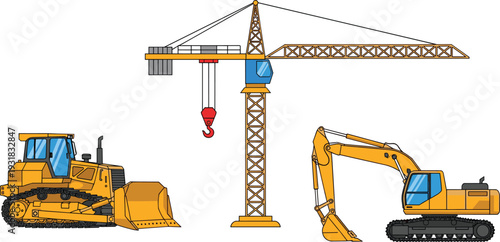 Construction vehicles and tower crane vector illustration set, bulldozer excavator heavy machinery isolated on white background industrial equipment collection