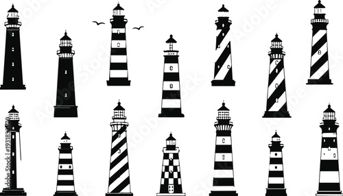 Set of lighthouse silhouettes featuring diverse tower designs with stripes and checker patterns isolated on white background flat vector design (20 words)