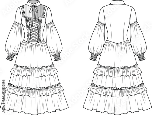Vintage Ruffle Maxi Dress Front and Back View Mockup Template, Corset Lace Bodice Detail, Isolated Fashion Vector Illustration