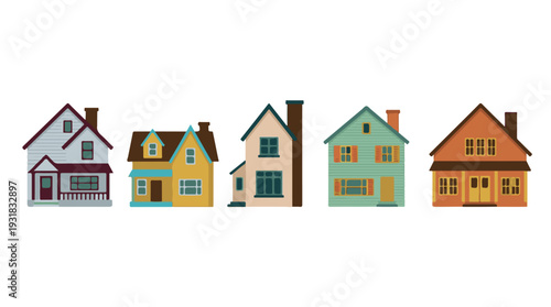 Illustration of a diverse row of colorful suburban houses